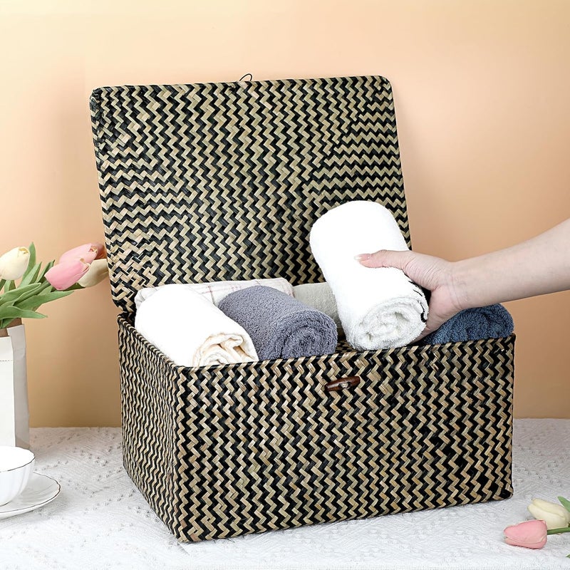 Hipiwe Wicker Shelf Baskets Bin with Lid, Handwoven Seagrass Basket Storage Bins Rectangular Household Basket Boxes for Shelf Wardrobe Home Organizer, Black,X-Large - Image 4