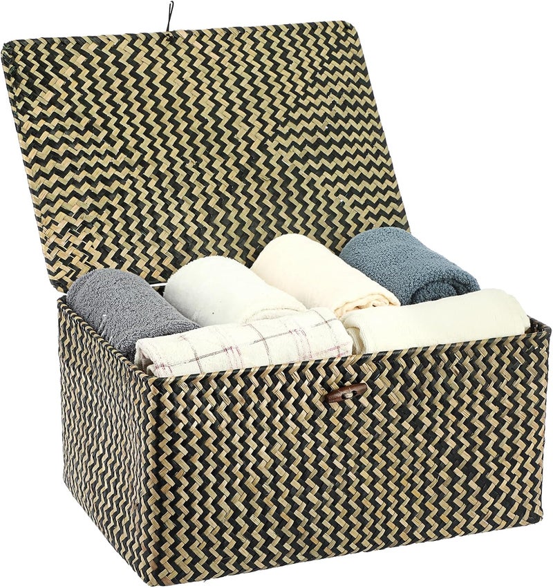 Hipiwe Wicker Shelf Baskets Bin with Lid, Handwoven Seagrass Basket Storage Bins Rectangular Household Basket Boxes for Shelf Wardrobe Home Organizer, Black,X-Large - Image 1