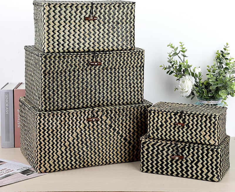 Hipiwe Wicker Shelf Baskets Bin with Lid, Handwoven Seagrass Basket Storage Bins Rectangular Household Basket Boxes for Shelf Wardrobe Home Organizer, Black,X-Large - Image 5