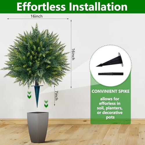 Yangrass 2PCS Artificial Cedar Topiary Ball Trees 23" for Outdoors with Ground Spike, UV Resistant Artificial Cypress Trees, Evergreen Shrubs Bushes Faux Plants for Front Porch Garden Backyard - Image 3