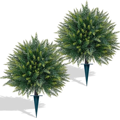 Yangrass 2PCS Artificial Cedar Topiary Ball Trees 23" for Outdoors with Ground Spike, UV Resistant Artificial Cypress Trees, Evergreen Shrubs Bushes Faux Plants for Front Porch Garden Backyard - Image 1