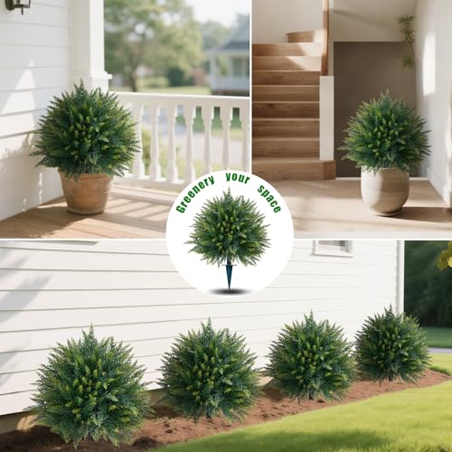 Yangrass 2PCS Artificial Cedar Topiary Ball Trees 23" for Outdoors with Ground Spike, UV Resistant Artificial Cypress Trees, Evergreen Shrubs Bushes Faux Plants for Front Porch Garden Backyard - Image 4