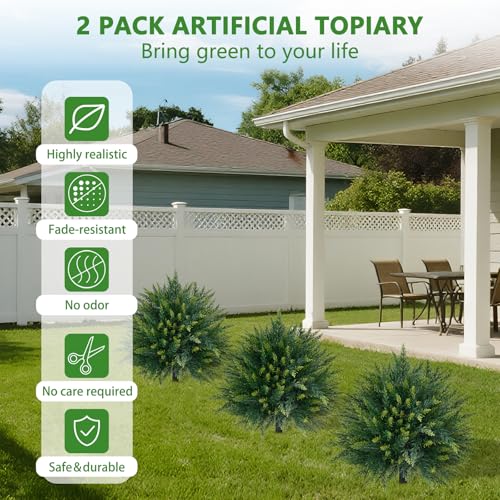 Yangrass 2PCS Artificial Cedar Topiary Ball Trees 23" for Outdoors with Ground Spike, UV Resistant Artificial Cypress Trees, Evergreen Shrubs Bushes Faux Plants for Front Porch Garden Backyard - Image 5