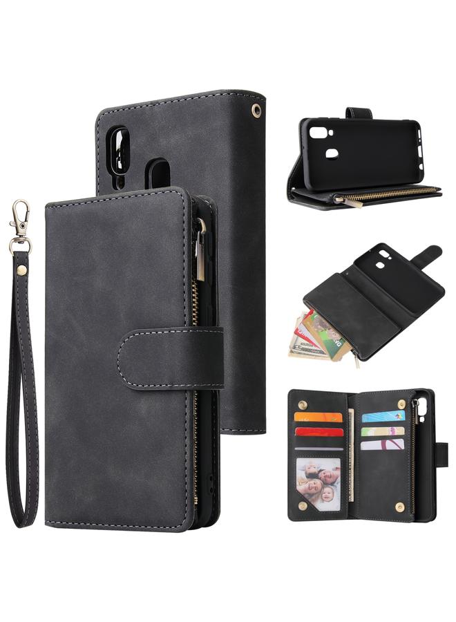 زبون جراب لهاتف Galaxy A40 متعدد الوظائف بتصميم كلاسيكي من الجلد المصقول مع فتحة للبطاقات وحامل ومحفظة بسحاب وإطار للصور وحبل تعليق - Image 1
