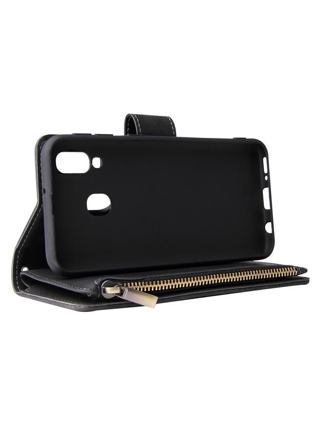 زبون جراب لهاتف Galaxy A40 متعدد الوظائف بتصميم كلاسيكي من الجلد المصقول مع فتحة للبطاقات وحامل ومحفظة بسحاب وإطار للصور وحبل تعليق - Image 4