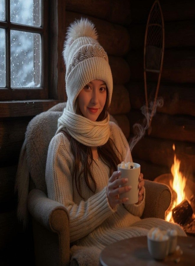 FAMWRAPZ Woolen Scarf Cap - Warm Knitted Winter Hat with Attached Neck Scarf for Men & Women, Color-Beige - Image 5