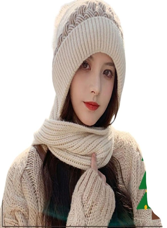 FAMWRAPZ Woolen Scarf Cap - Warm Knitted Winter Hat with Attached Neck Scarf for Men & Women, Color-Beige - Image 2