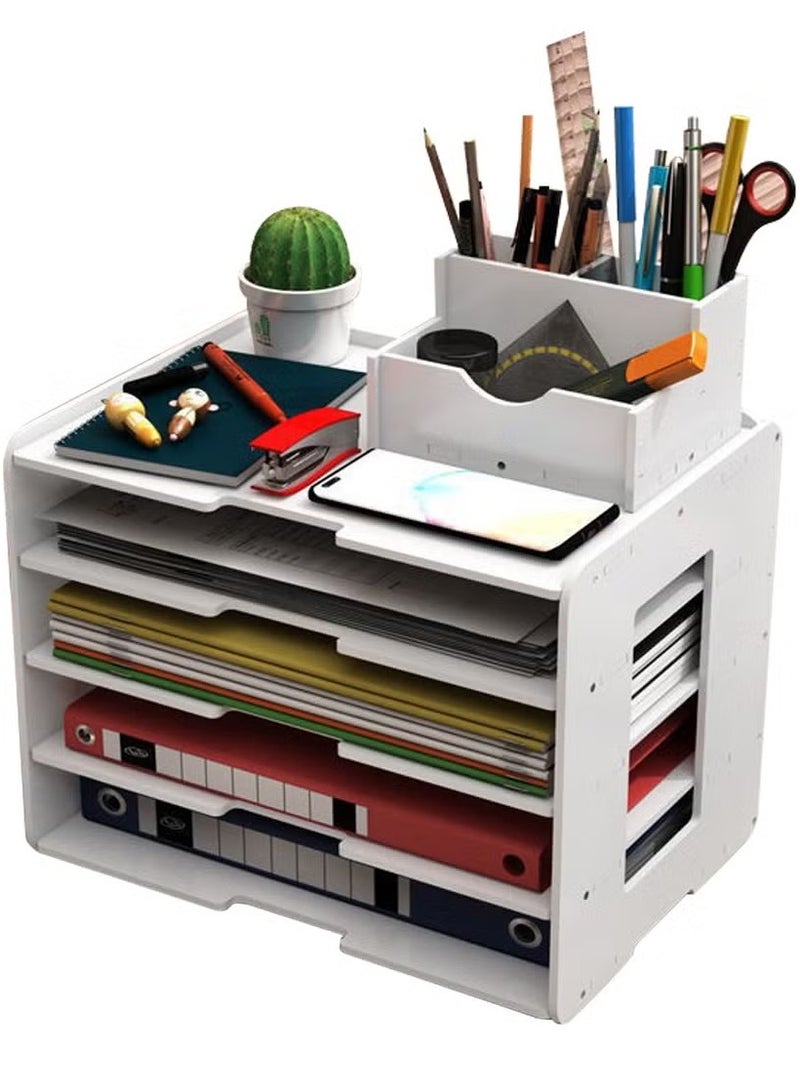 Paper Organizer - Office 5 Tiers File Storage Supplies for Desk Desktop White File Holder Office Desk Organizer Removable Shelves A4 File Frame Book Stand - Image 1