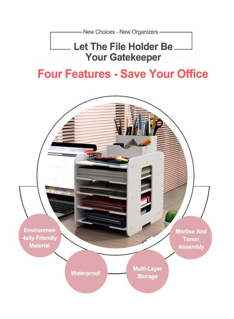Paper Organizer - Office 5 Tiers File Storage Supplies for Desk Desktop White File Holder Office Desk Organizer Removable Shelves A4 File Frame Book Stand - Image 2