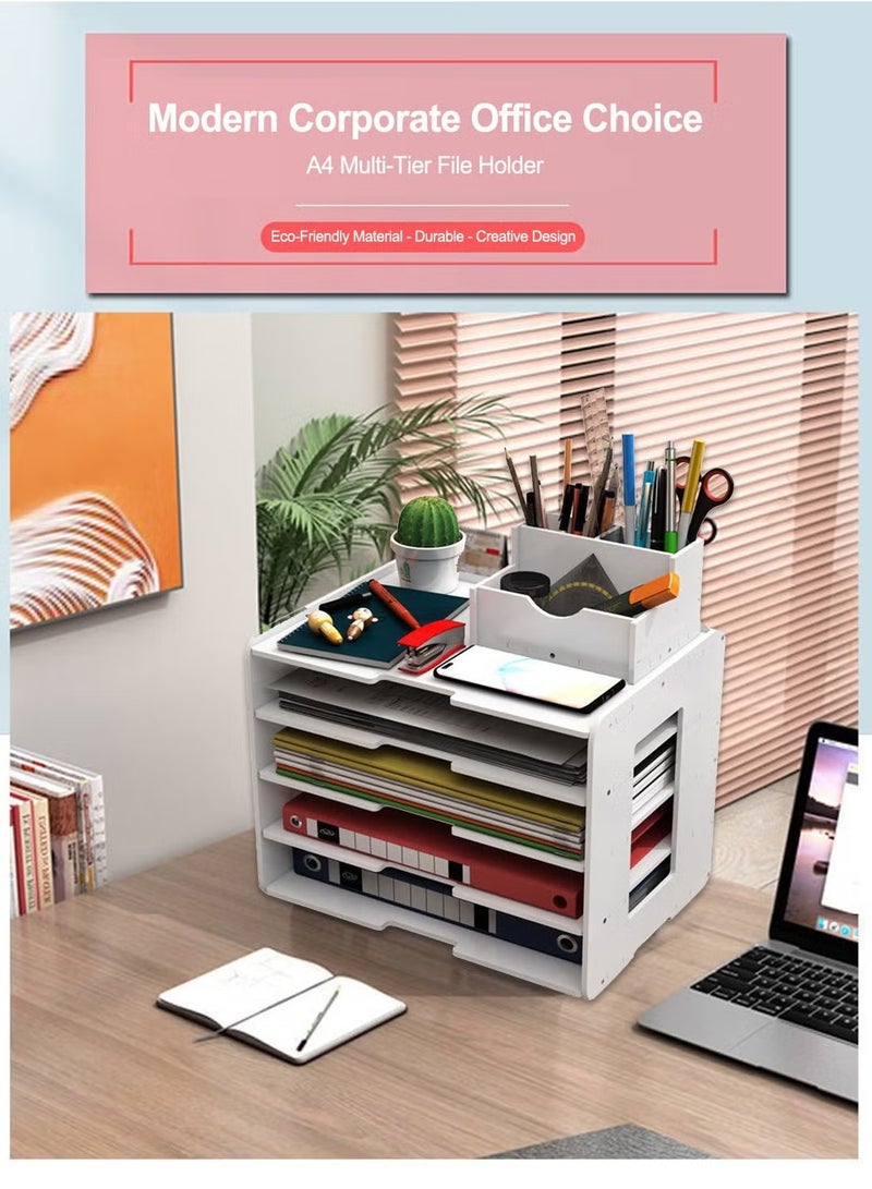 Paper Organizer - Office 5 Tiers File Storage Supplies for Desk Desktop White File Holder Office Desk Organizer Removable Shelves A4 File Frame Book Stand - Image 5