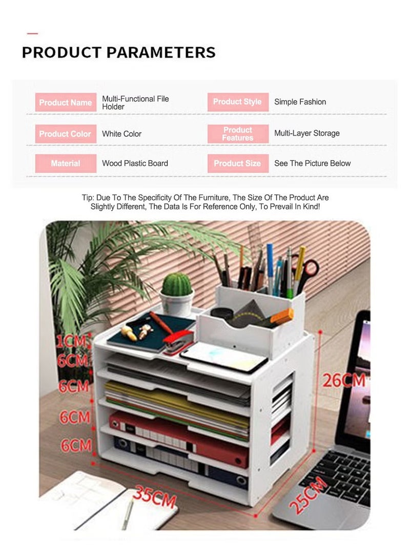 Paper Organizer - Office 5 Tiers File Storage Supplies for Desk Desktop White File Holder Office Desk Organizer Removable Shelves A4 File Frame Book Stand - Image 3