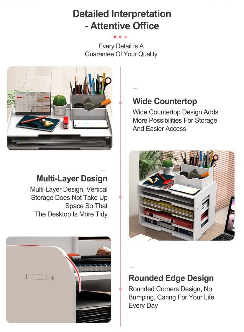Paper Organizer - Office 5 Tiers File Storage Supplies for Desk Desktop White File Holder Office Desk Organizer Removable Shelves A4 File Frame Book Stand - Image 4