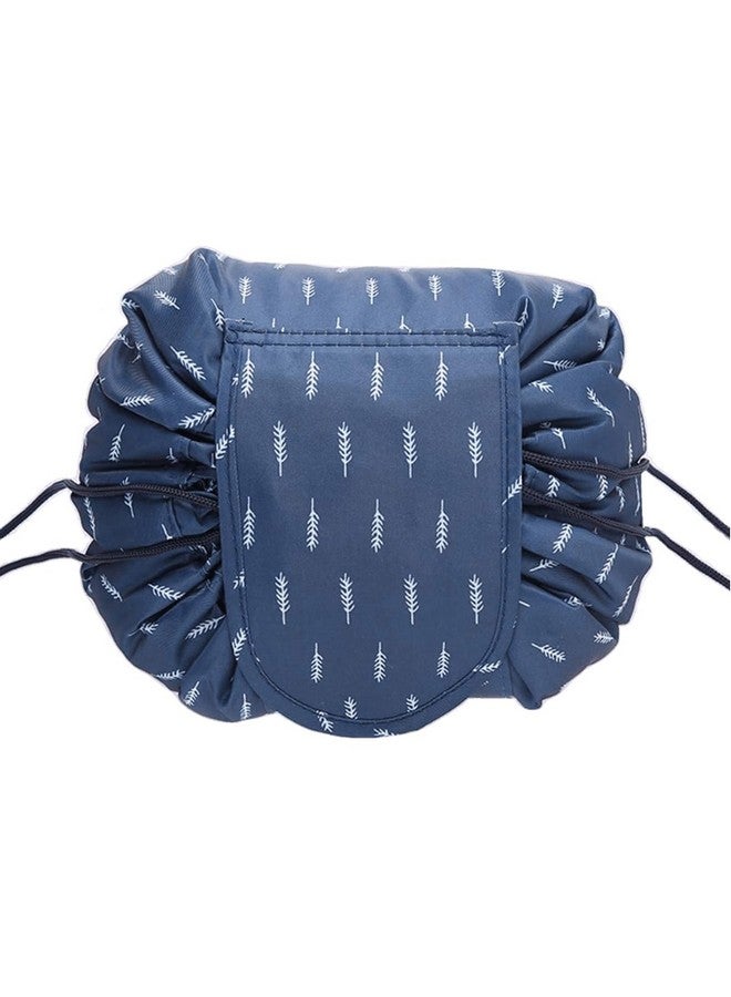 Feinerman Stylish Lazy Drawstring Cosmetic Bag, Waterproof Foldable Travel Makeup Pouch, Large Capacity Toiletry Storage Organizer, Portable Makeup Kit Holder for Women (Nevy Blue) - Image 1