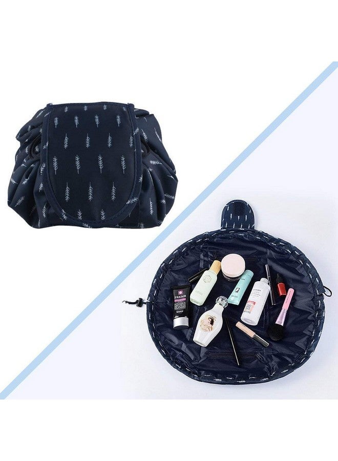 Feinerman Stylish Lazy Drawstring Cosmetic Bag, Waterproof Foldable Travel Makeup Pouch, Large Capacity Toiletry Storage Organizer, Portable Makeup Kit Holder for Women (Nevy Blue) - Image 2