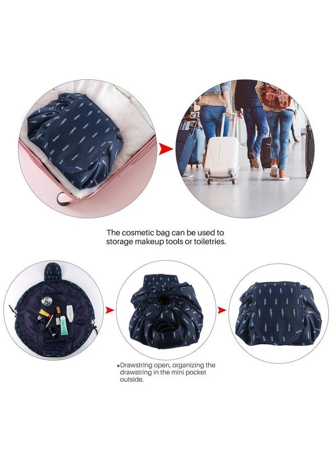 Feinerman Stylish Lazy Drawstring Cosmetic Bag, Waterproof Foldable Travel Makeup Pouch, Large Capacity Toiletry Storage Organizer, Portable Makeup Kit Holder for Women (Nevy Blue) - Image 4