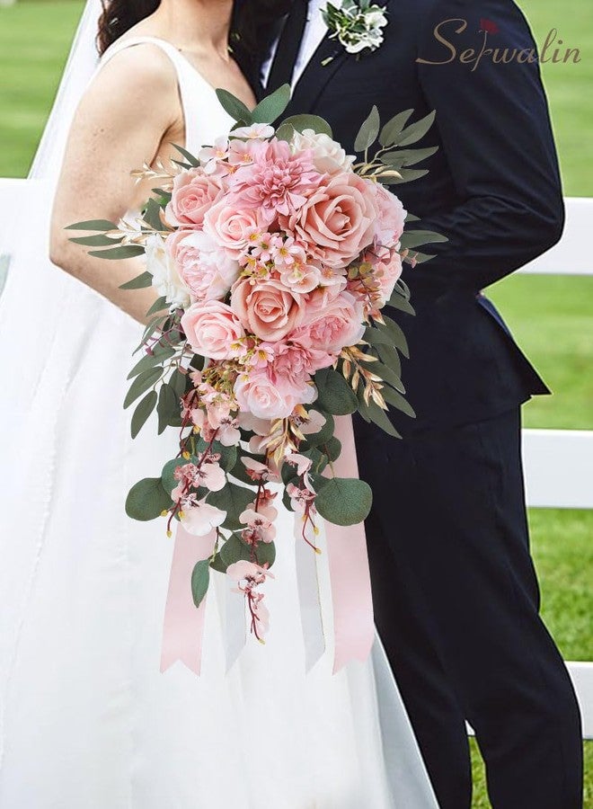 Serwalin 11 Inch Wedding Bouquets for Bride Bridesmaid, Dusty Pink Rose Bridal Bouquets for Bride, Wedding Flowers Bouquet Tossing Bouquet, Wedding Ceremony and Anniversary Decoration - Image 2