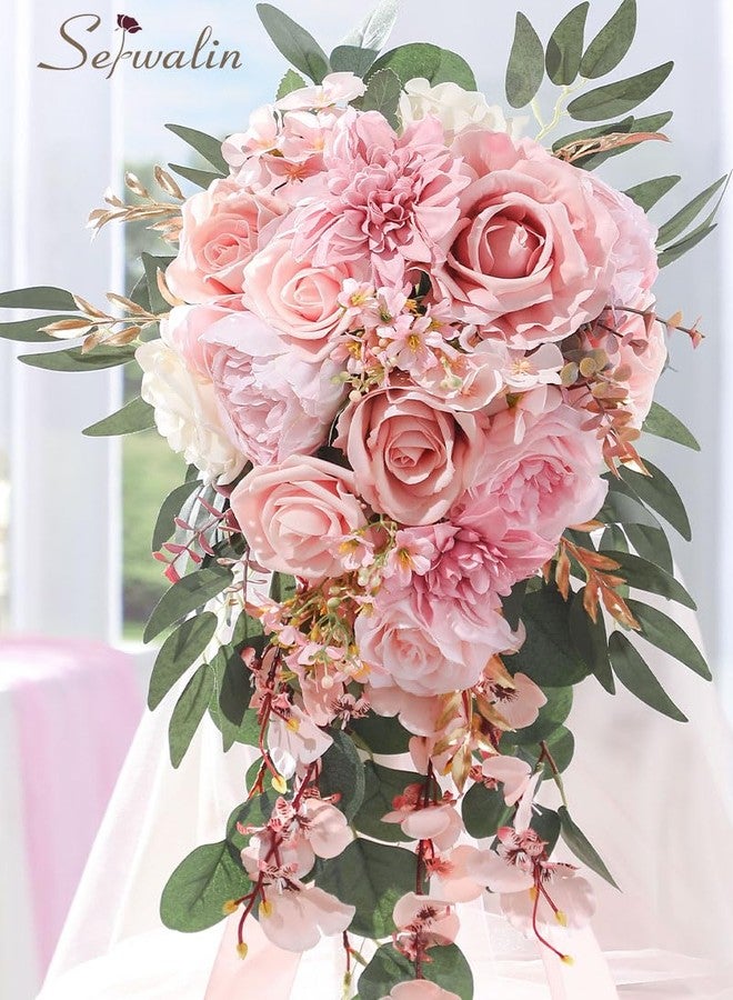 Serwalin 11 Inch Wedding Bouquets for Bride Bridesmaid, Dusty Pink Rose Bridal Bouquets for Bride, Wedding Flowers Bouquet Tossing Bouquet, Wedding Ceremony and Anniversary Decoration - Image 3
