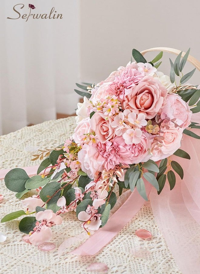 Serwalin 11 Inch Wedding Bouquets for Bride Bridesmaid, Dusty Pink Rose Bridal Bouquets for Bride, Wedding Flowers Bouquet Tossing Bouquet, Wedding Ceremony and Anniversary Decoration - Image 5