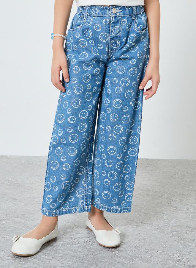 ستايلي جينز بناتي واسع الأرجل بطبعة إيموجي - Image 1