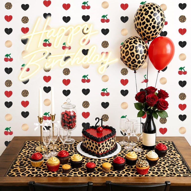 Kriyokiaa Cheetah Print Party Garland, Ready to Hang Cheetah Print Birthday Decorations with Double Sided Hearts Gold Circles and Cherries for Birthday and Bachelorette, Leopard Theme Wall Backdrop - Image 4
