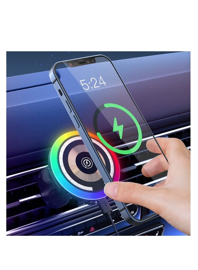 1 PC Wireless Car Charger, 15W Decorative Rhythm Light Fast Charging Auto-Clamping Air Vent Car Phone Holder Mount Compatible with iPhone13/12/11/Pro/Mini/Xr/Xs/X/8, Samsung S22/S22