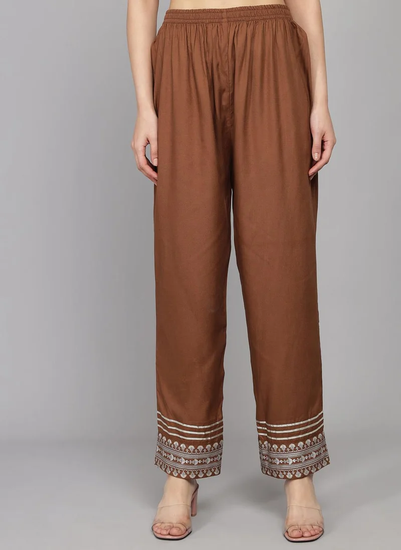 ZERESOUQ Brown Printed Pleated Kurta Set & Dupatta