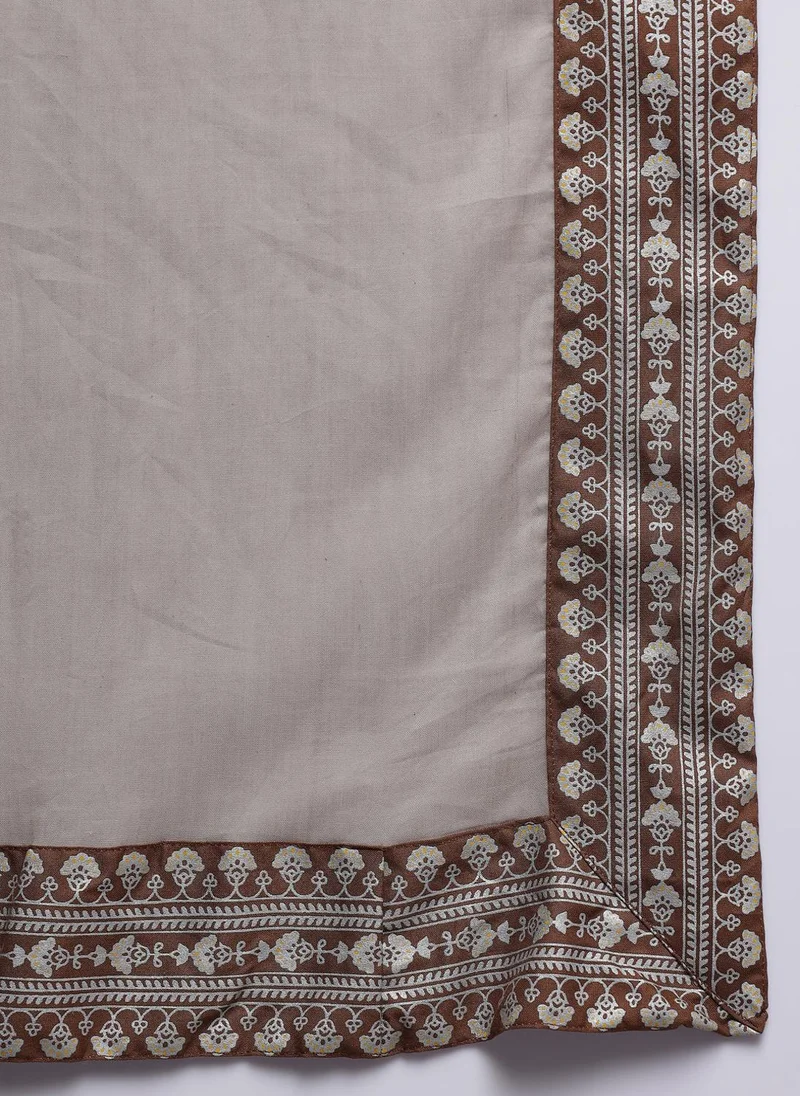 ZERESOUQ Brown Printed Pleated Kurta Set & Dupatta