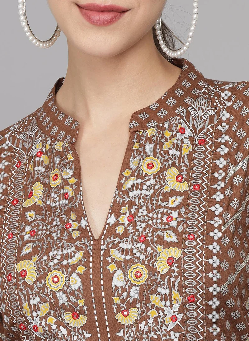 ZERESOUQ Brown Printed Pleated Kurta Set & Dupatta