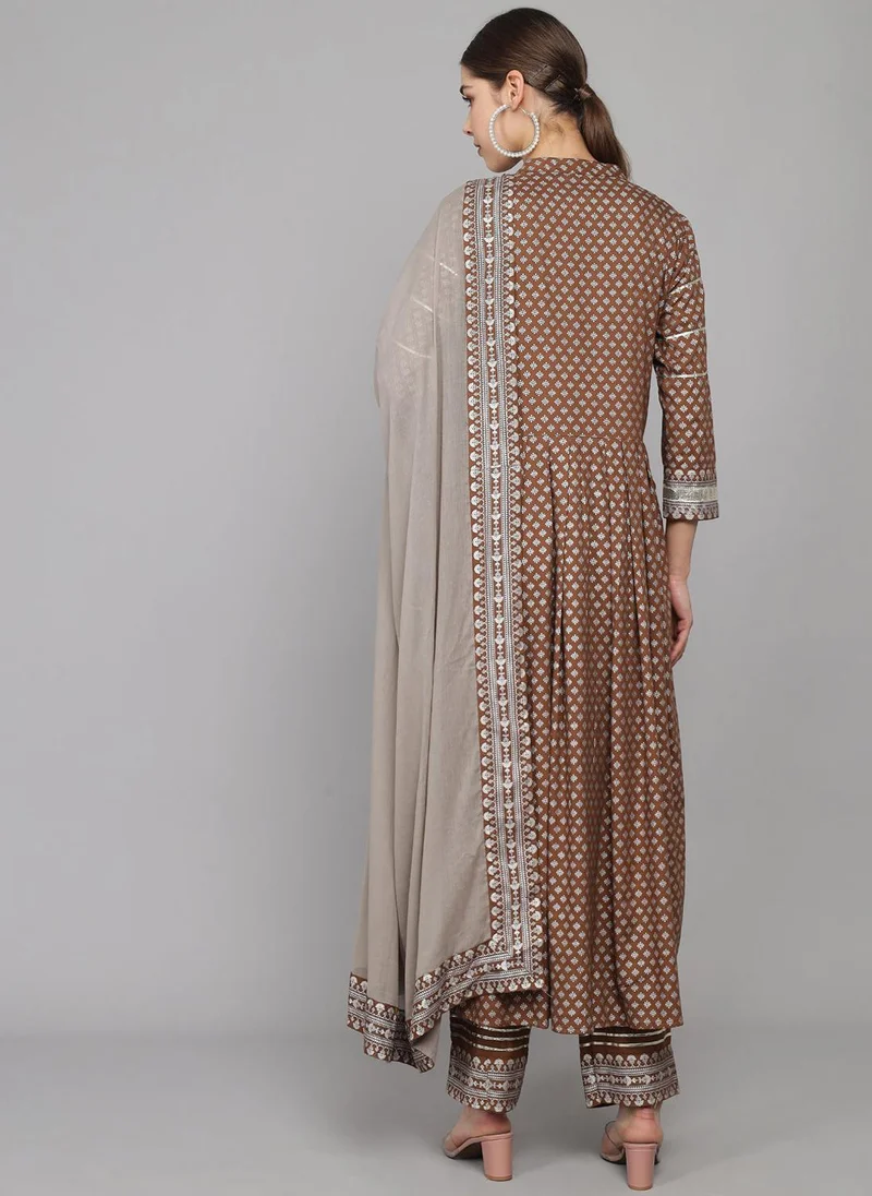 ZERESOUQ Brown Printed Pleated Kurta Set & Dupatta
