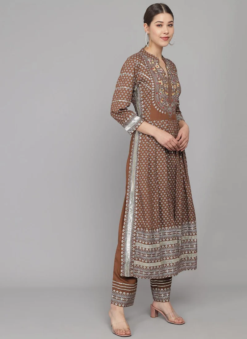 ZERESOUQ Brown Printed Pleated Kurta Set & Dupatta