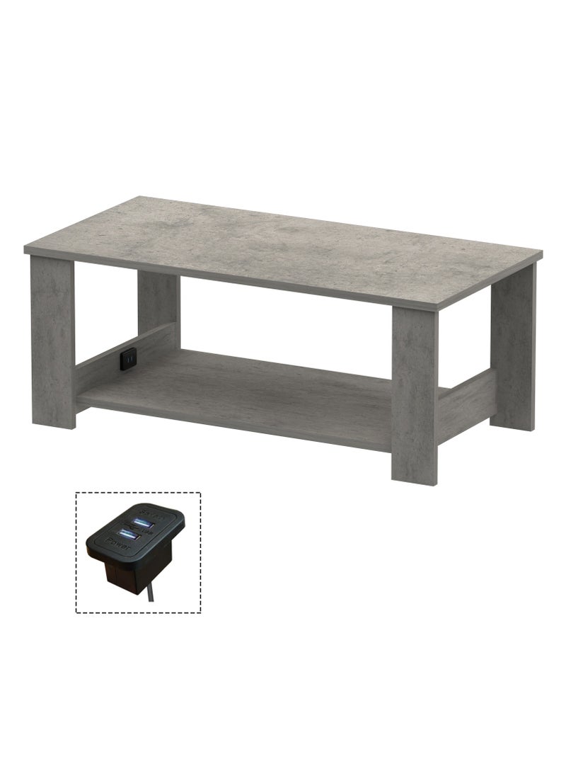 Mahmayi - Mahmayi Modern Coffee Table with 2-Tier Storage Shelf with BS02 USB Port for Living Room, Study Room and Office - Light Grey Chicago Concrete - Image 1