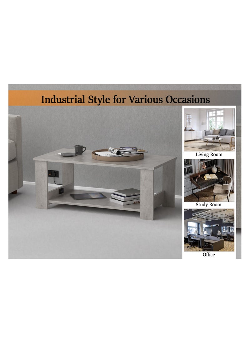 Mahmayi - Mahmayi Modern Coffee Table with 2-Tier Storage Shelf with BS02 USB Port for Living Room, Study Room and Office - Light Grey Chicago Concrete - Image 1