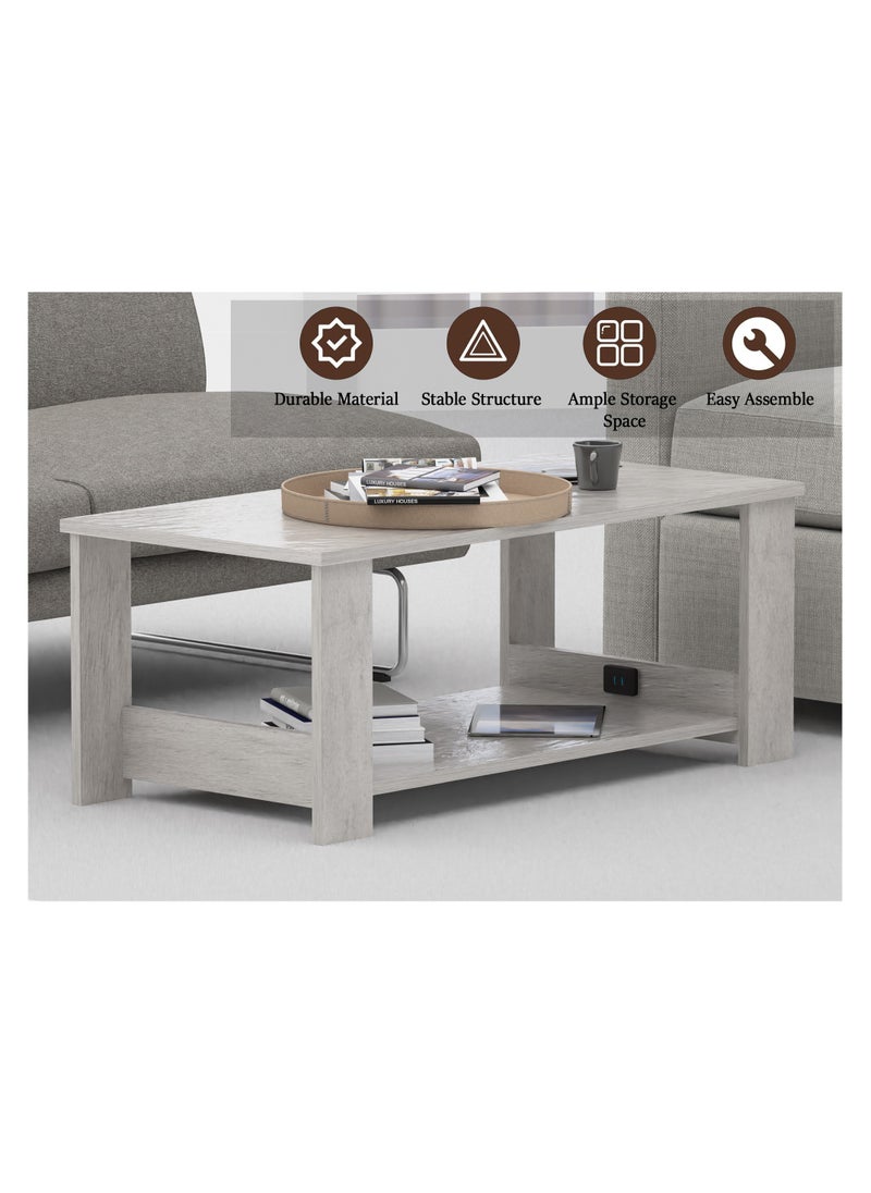 Mahmayi - Mahmayi Modern Coffee Table with 2-Tier Storage Shelf with BS02 USB Port for Living Room, Study Room and Office - Light Grey Chicago Concrete - Image 1