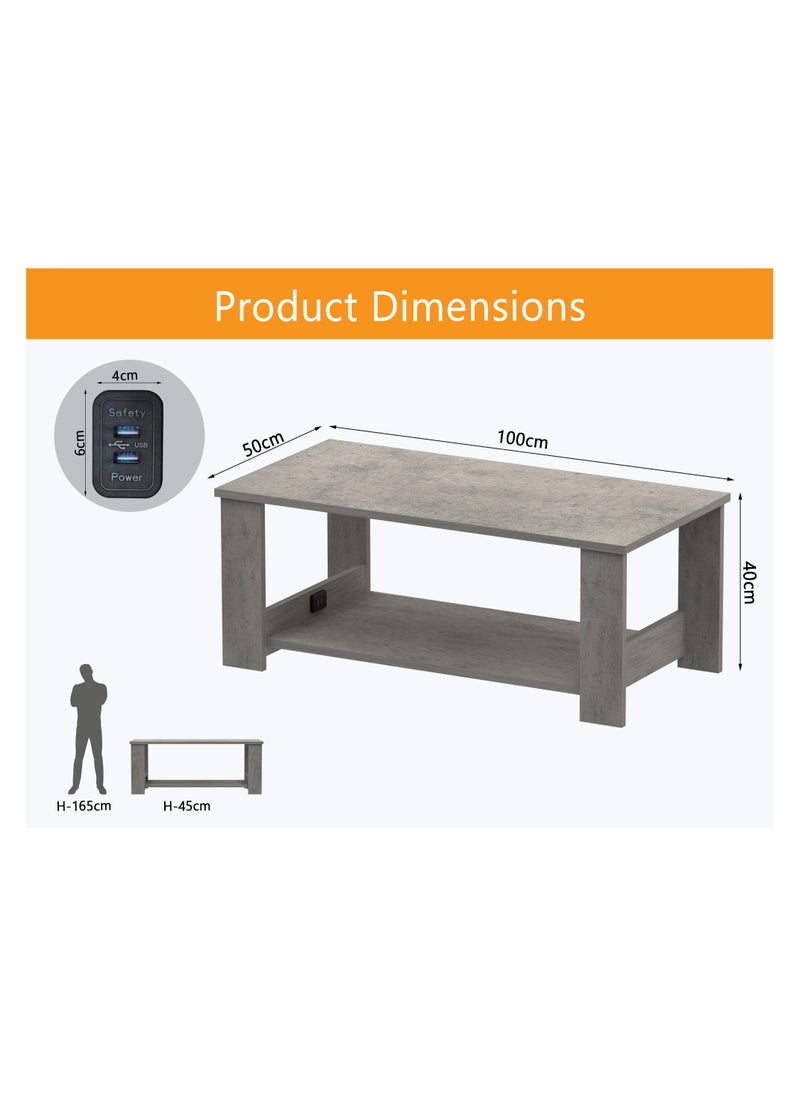 Mahmayi - Mahmayi Modern Coffee Table with 2-Tier Storage Shelf with BS02 USB Port for Living Room, Study Room and Office - Light Grey Chicago Concrete - Image 1