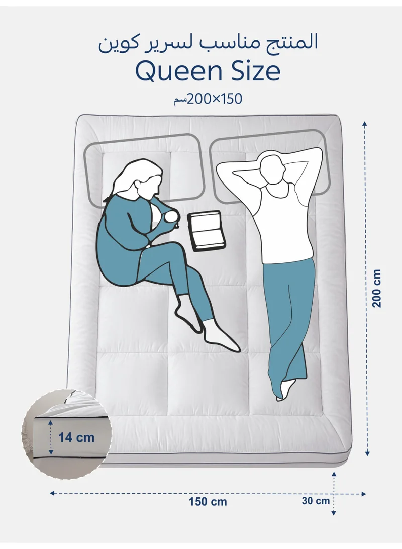 Donetella Mattress Topper 100% Cotton Queen-size 150x200 cm –1500 GSM Down Alternative Fill, 14 cm Thick, Fits Up to 30 cm Deep, Oeko Tex Certified