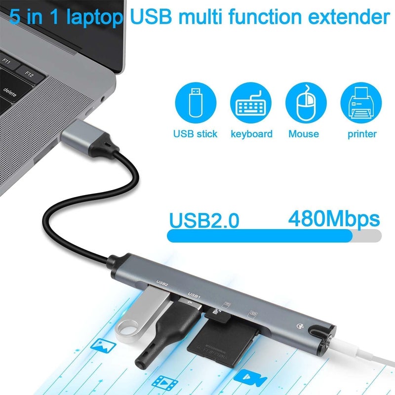 5-in-1 USB Docking Station, USB 2.0 Hub with TRRS 3.5mm Audio, TF/SD Card Reader, Multi-Function Port Adapter for Laptops, Supports TF/SD Memory Cards - Image 2