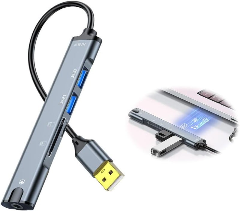5-in-1 USB Docking Station, USB 2.0 Hub with TRRS 3.5mm Audio, TF/SD Card Reader, Multi-Function Port Adapter for Laptops, Supports TF/SD Memory Cards - Image 1