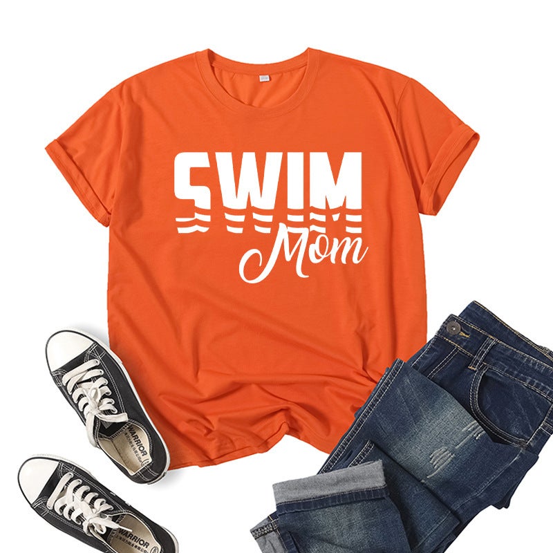 Foreign Trade Cross-border Swimming Mom Swim Mom Printed Short-sleeved Round Neck T-shirt European and American Mens and Womens Top Loose Casual Orange 