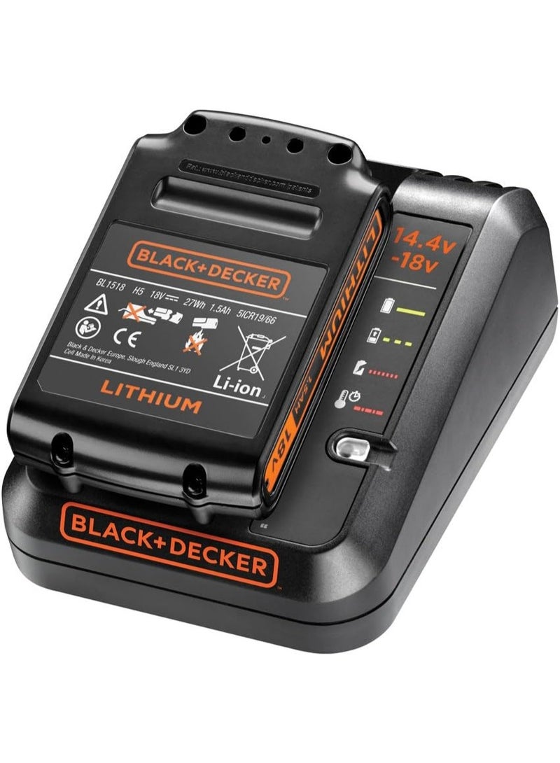 BLACK+DECKER Cordless Fast Charger With 1.5Ah Lithium-Ion Battery Compatible With 14.4-18V Power Tools Extended Run Time For Drilling Driving & Light Cutting Orange Black - Image 2