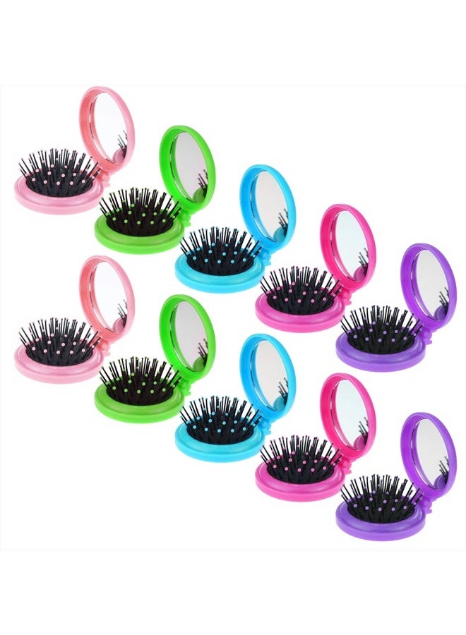 Heliltd 10pcs Folding Travel Mirror Hair Brushes Round Mirror Pocket Hair Brush Portable Mini Colourful Pop Up Hair Brushes Wet and Dry Hair for Women Girls Kids Hair Brush - Image 1