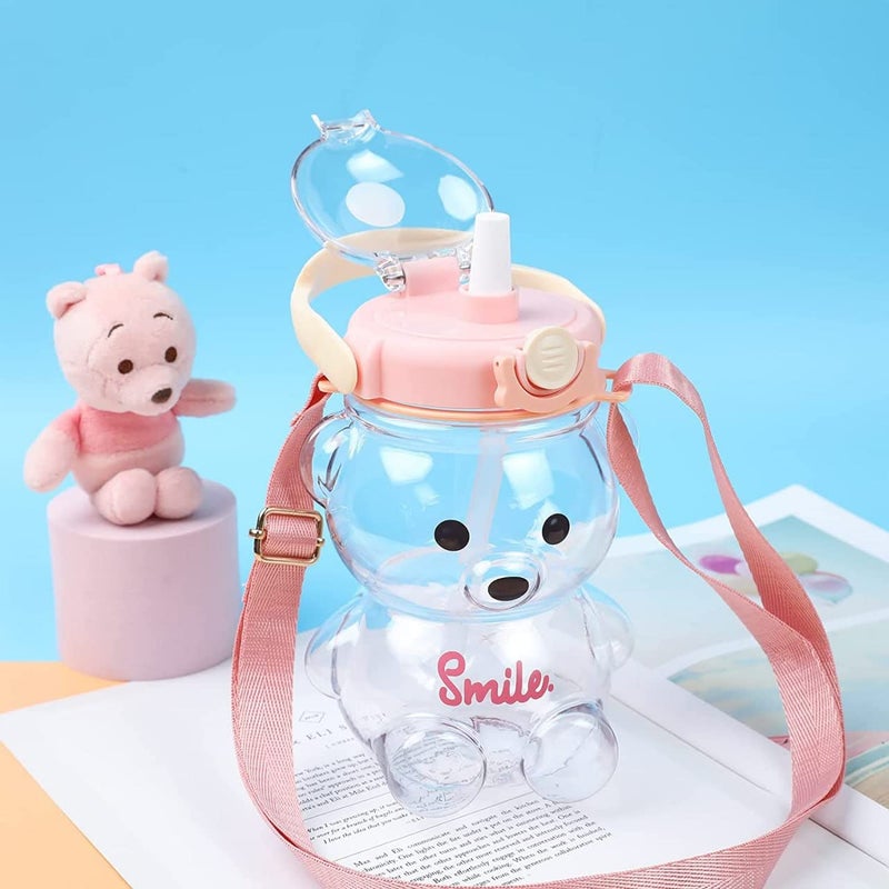 Grofilo Cute Cartoon Teddy Bear Water Bottle For Kids AntiFall Soft Silicone Straw for Office Gym School Travel 1000 ML Pink Color - Image 1