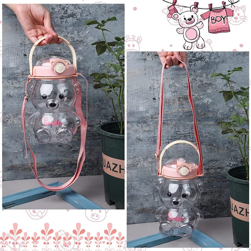 Grofilo Cute Cartoon Teddy Bear Water Bottle For Kids AntiFall Soft Silicone Straw for Office Gym School Travel 1000 ML Pink Color - Image 2