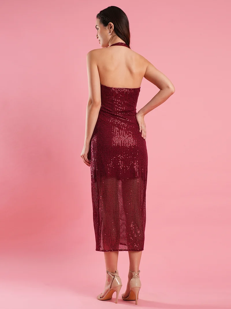 globus Women Embellished Halter Neck Net Wrap Midi Dress