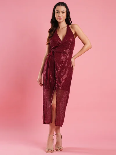 globus Women Embellished Halter Neck Net Wrap Midi Dress