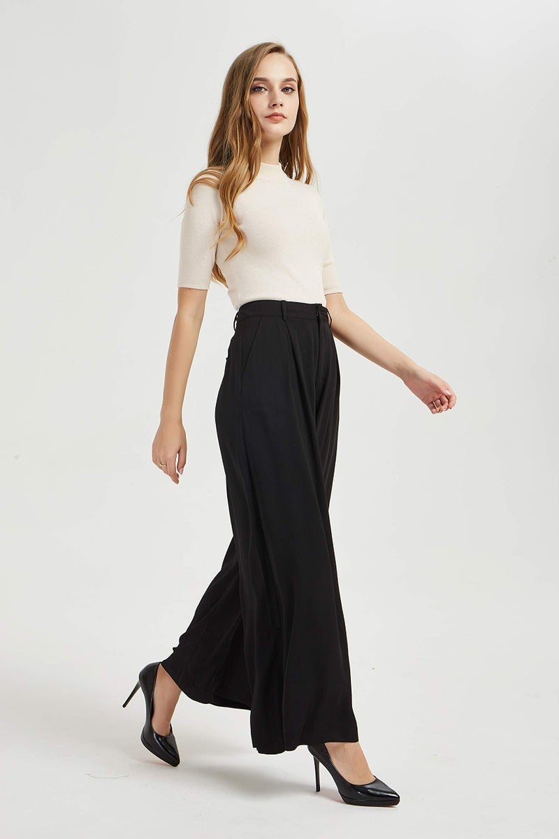 Tronjori Women High Waist Casual Wide Leg Long Palazzo Work Dress Pants Business Trousers Regular Size(L Long, Black) - Image 3