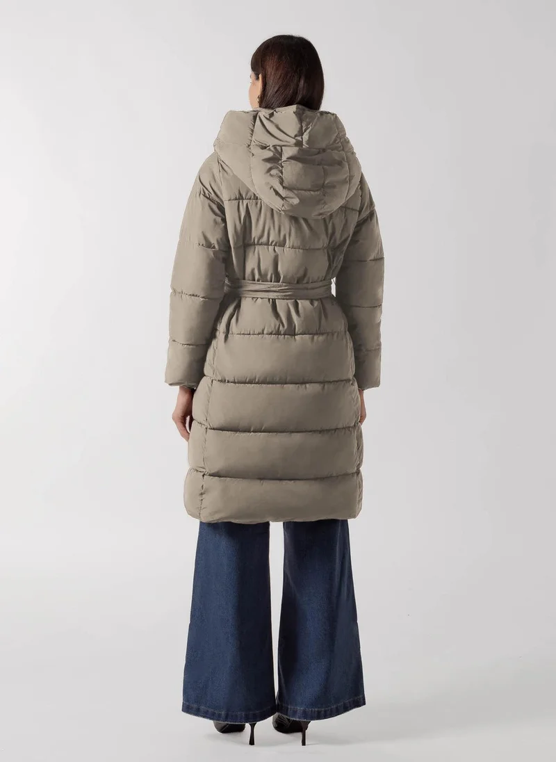 Shapes BEIGE BELTED LONGLINE PUFFER COAT for Women | Best Price UAE