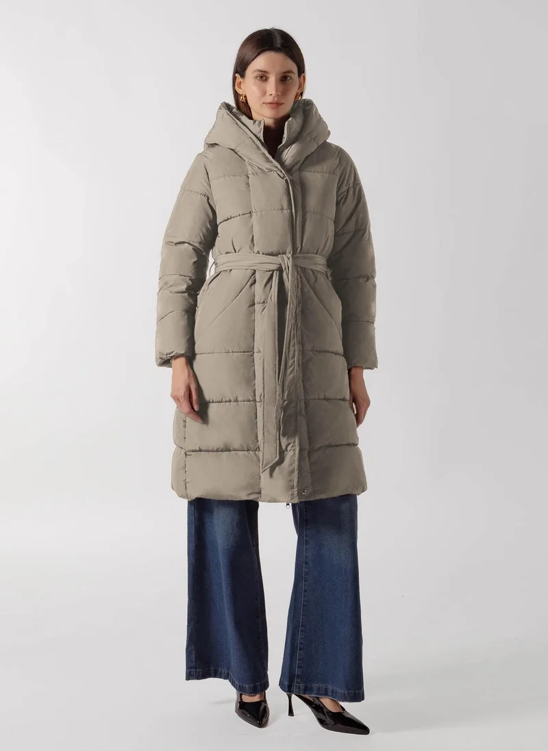 Shapes BEIGE BELTED LONGLINE PUFFER COAT for Women | Best Price UAE