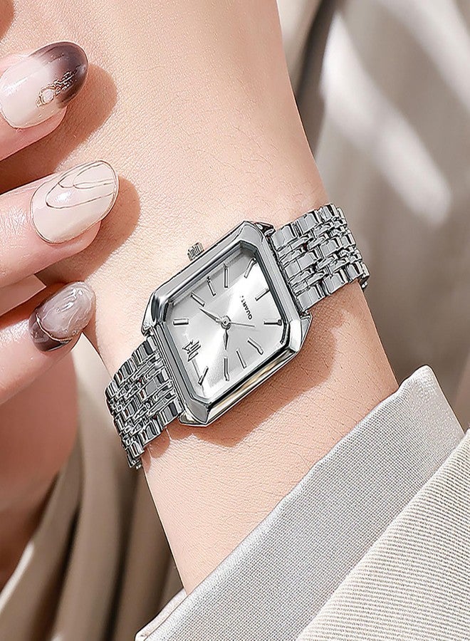BESTKANG Watches for Women Wrist Watches Steel Strap Womens Watch Casual Fashion Simple Square Quartz Wristwatch (Silver-white1) - Image 3