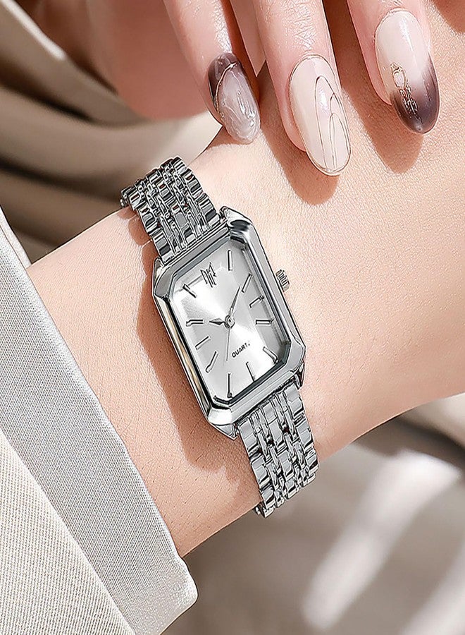 BESTKANG Watches for Women Wrist Watches Steel Strap Womens Watch Casual Fashion Simple Square Quartz Wristwatch (Silver-white1) - Image 2
