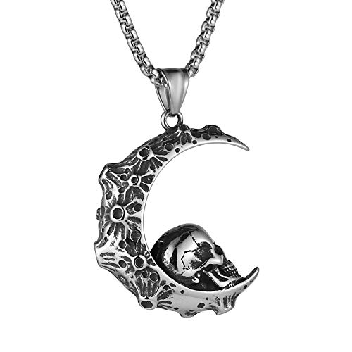 HZMAN Mens Women Gothic Retro Moon Crescent Skull Stainless Steel Pendant Necklace 22+2 Inch Chain - Image 1